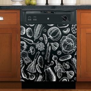 Funda magnética para lavavajillas con diseño de comida en blanco y negro, calcomanía de vinilo para cocina, decoración autoadhesiva para puerta.