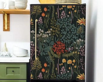 Fridge Wrap Dark Botanical Vintage, Refrigerator Wrap Vinyl Side by Side Decorative Fridge Decals, Self Adhesive Green Floral Kitchen Decor