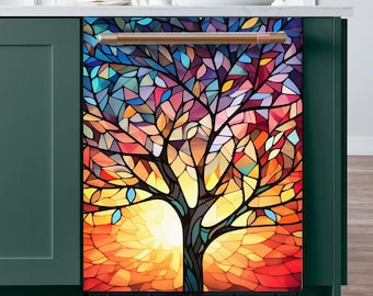 Funda magnética para lavavajillas con diseño de árbol de vitrales, vinilo decorativo magnético para lavavajillas, decoración artística para cocina, envoltura autoadhesiva.