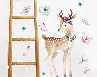 Calcomanía de pared para habitación de niña con ciervo y flores, calcomanías florales para guardería, decoración de pared de vinilo con acuarela para niña, lindas pegatinas de pared en tonos pastel.
