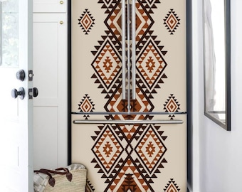 Boho Fridge Wrap Vintage Beige, Refrigerator Wrap Side by Side Vinyl, Native Fridge Decals Top Bottom Decorative Self Adhesive Kitchen Decor