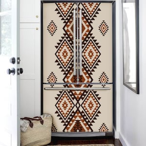 Boho Fridge Wrap Vintage Beige, Refrigerator Wrap Side by Side Vinyl, Native Fridge Decals Top Bottom Decorative Self Adhesive Kitchen Decor