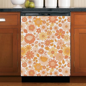 Dishwasher Magnet Cover Vintage Floral, Retro Blumen Küche Spülmaschine Cover magnetische Aufkleber Vinyl, Boho Kitchen Decor Selbstklebende Wrap