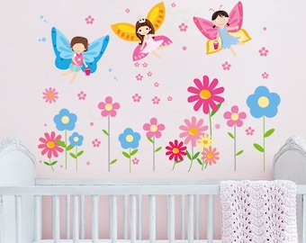 Calcomanías de pared de hadas y flores, decoración para habitación de niñas, despegar y pegar