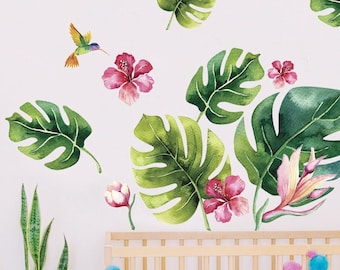 Tropical Leaf Wall Decal, Jungle Theme Nursery Wall Decor, Palm Leaves Wall Decal Bedroom, Monstera Wall Stickers,  Hibiscus Flower Decal