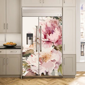 Peony Fridge Wrap Vintage Floral Boho Refrigerator Wrap Vinyl Side by Side, Decorative Fridge Decals Self Adhesive Flower Kitchen Decor