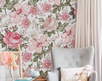 Floral Wallpaper Nursery Peel and Stick, Pink Flower Wallpaper for Girls Vintage Style Removable, Floral Mural Vinyl Wallpaper Self Adhesive