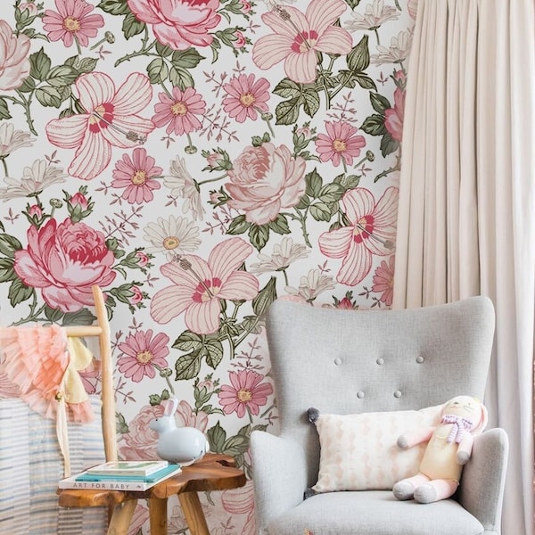 Floral Wallpaper Nursery Peel and Stick, Pink Flower Wallpaper for Girls Vintage Style Removable, Floral Mural Vinyl Wallpaper Self Adhesive