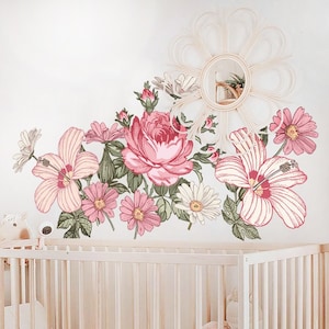Bloemen muurstickers kinderkamer, roze bloem muursticker voor meisjeskamer, roze pioenbloem stickers peel and stick, vintage bloem stickers voor muur