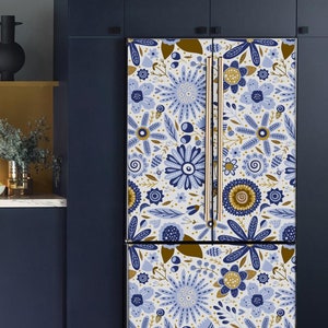 White Fridge Wrap with Blue Floral Refrigerator Wrap Vinyl Side by Side Decorative Fridge Decals Self Adhesive Flower Kitchen Decor