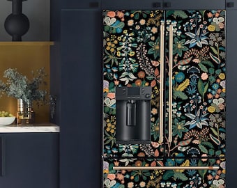 Kühlschrank Wrap Vintage Dark Floral, Retro Kühlschrank Wrap Vinyl Seite an Seite, dekorative Kühlschrank Aufkleber selbstklebend Botanische Küche Dekor