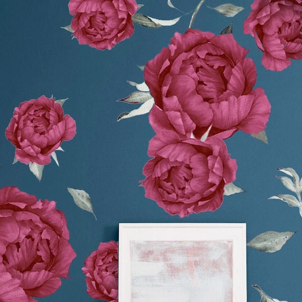 Burgundy Peony Wall Decals, Vintage Floral Wall Decals, Red Flower Wall Decals for Bedroom, Peony Decal Peel and Stick, Peonies Wall Decals