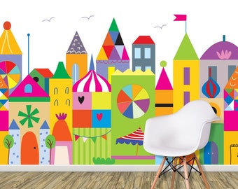 Playroom Wallpaper, Cartoon City Wallpaper for Kids Room, Classroom Wallpaper, Colorful Wallpaper for Kids, Removable Peel and Stick Vinyl
