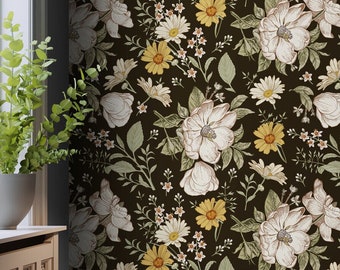 Dark Floral Peel and Stick Wallpaper: Vintage Botanical Vinyl, Removable Self Adhesive