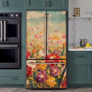 Fridge Wrap Floral Oil Painting, Refrigerator Wrap Vinyl Side by Side, Top Bottom Freezer Fridge Decals Self Adhesive, Flower Kitchen Decor