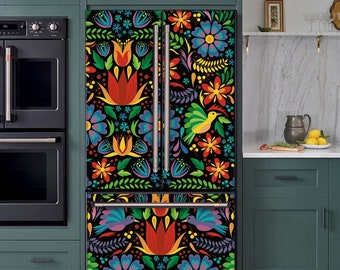 Fridge Wrap Vinyl Ethnic, Refrigerator Wrap Side by Side, Fridge Decals Top Bottom, Decorative Self Adhesive Colorful Folk Kitchen Decor