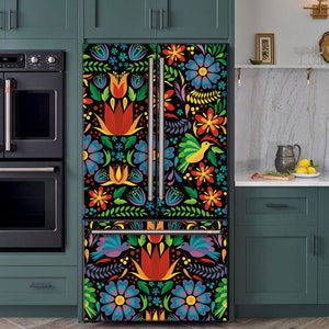 Fridge Wrap Vinyl Ethnic, Refrigerator Wrap Side by Side, Fridge Decals Top Bottom, Decorative Self Adhesive Colorful Folk Kitchen Decor