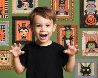 Vinilos decorativos de Halloween para pared, pegatinas de vinilo vintage con marcos de estilo espeluznante, decoración adorable para la habitación infantil en Halloween.