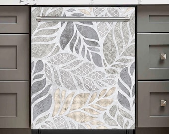 May include: Dishwasher cover with a leaf design in grey, white, and beige. The pattern incorporates different textures and shapes, offering a contemporary aesthetic. The cover is designed to fit a standard dishwasher.