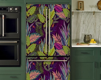 Fridge Wrap Tropical Leaves, Refrigerator Wrap Vinyl, Fridge Decals Side by Side Top Bottom Self Adhesive Dark Green Botanical Kitchen Decor