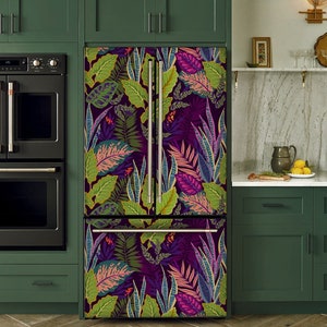Fridge Wrap Tropical Refrigerator Wrap Vinyl, Fridge Decals Side by Side Top Bottom Freezer Self Adhesive Dark Green Botanical Kitchen Decor