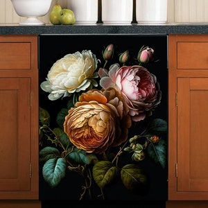Bloemen vaatwasser magneet hoes vintage donkere bloem keuken vaatwasser hoes vinyl magnetische sticker sticker, keuken decor zelfklevende wrap