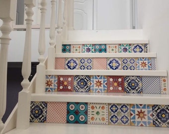 Stair Riser Decals Tiles Vinyl, Stair Riser Stickers, Staircase Decals Peel & Stick Vinyl Strips, Moroccan Stair decals, Stairway Decor