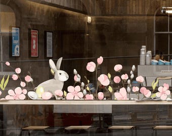 Spring Window Decal, Easter Window Stickers Decoration, Сoffee Shop Retail Window Display Decor, Custom Cafe Windows Bunny Floral Clings