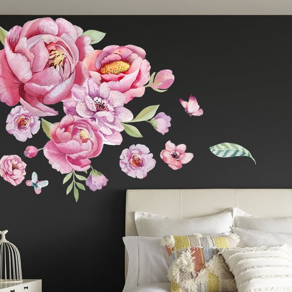 Flowers Wall Decals, Peony Wall Decals, Floral Wall Decals, Watercolor Flowers Large Self Adhesive Decals, Pink Peony Flowers Wall Stickers