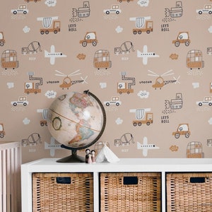 Auto Tapete für Jungen Zimmer Boho, Kinder Tapete Beige Fahrzeuge, Junge Kinderzimmer Tapete Schälen & Aufkleben für Schlafzimmer, Selbstklebende Wanddekoration
