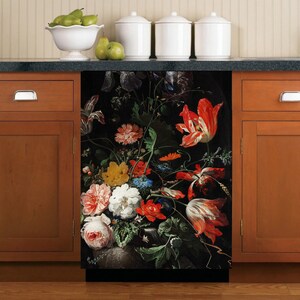 Dishwasher Magnet Cover Vintage Flowers, Retro Kitchen Dishwasher Cover Magnetic Decal Vinyl Sticker, Kitchen Decor Self-Adhesive Door Skin