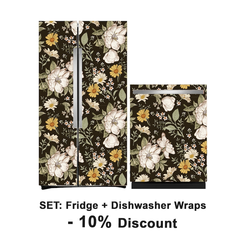 Fridge Wrap Vintage Floral Refrigerator Wrap Vinyl Side by Side Black ...