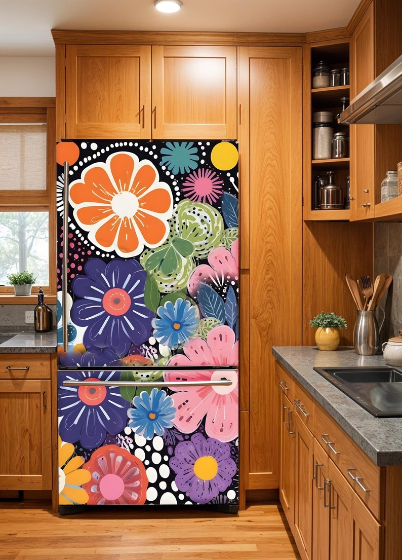Floral Fridge Wrap Vinyl, Refrigerator Wrap Side by Side Colorful ...