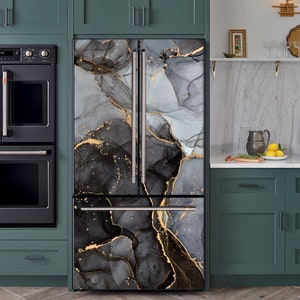 Fridge Wrap Marble Black & Gold Refrigerator Wrap Vinyl Side by Side, Top Bottom Decorative Fridge Decals Skin Self Adhesive Kitchen Decor