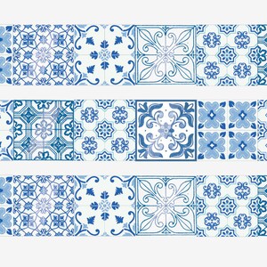 May include: Three rows of blue and white patterned tiles. Each row has 10 tiles with different geometric designs.