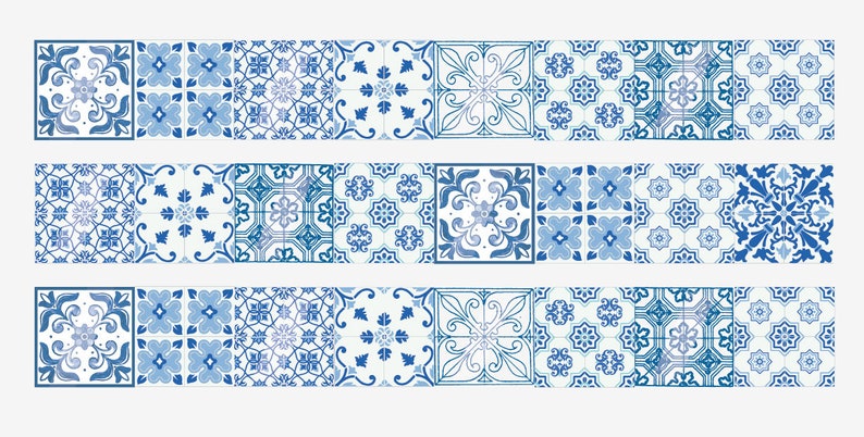 May include: Three rows of blue and white patterned tiles. Each row has 10 tiles with different geometric designs.