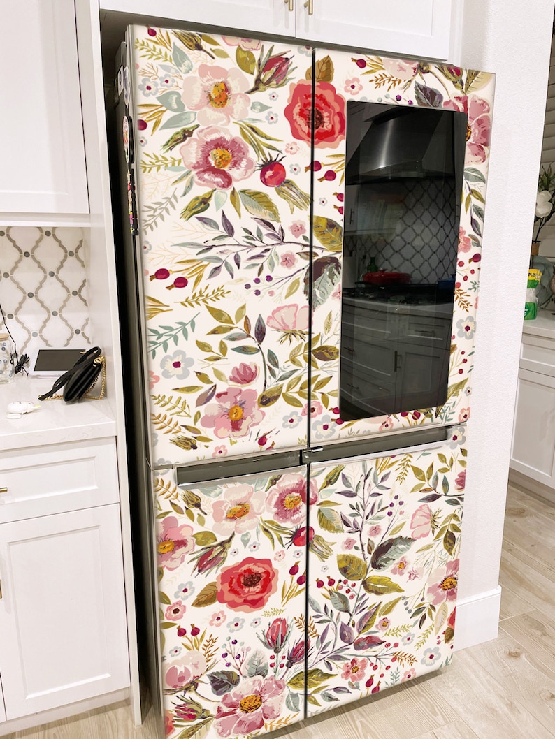 Patterned Refrigerator Fridge Wrap Floral, Refrigerator Wrap Vinyl Top Bottom Side by Side ...