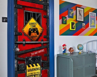 Game Room Door Mural, Door Wrap, Metal Door Mural for Boys Room, Door Skin Peel & Stick Removable Wallpaper Vinyl Decals, Game Door Cover