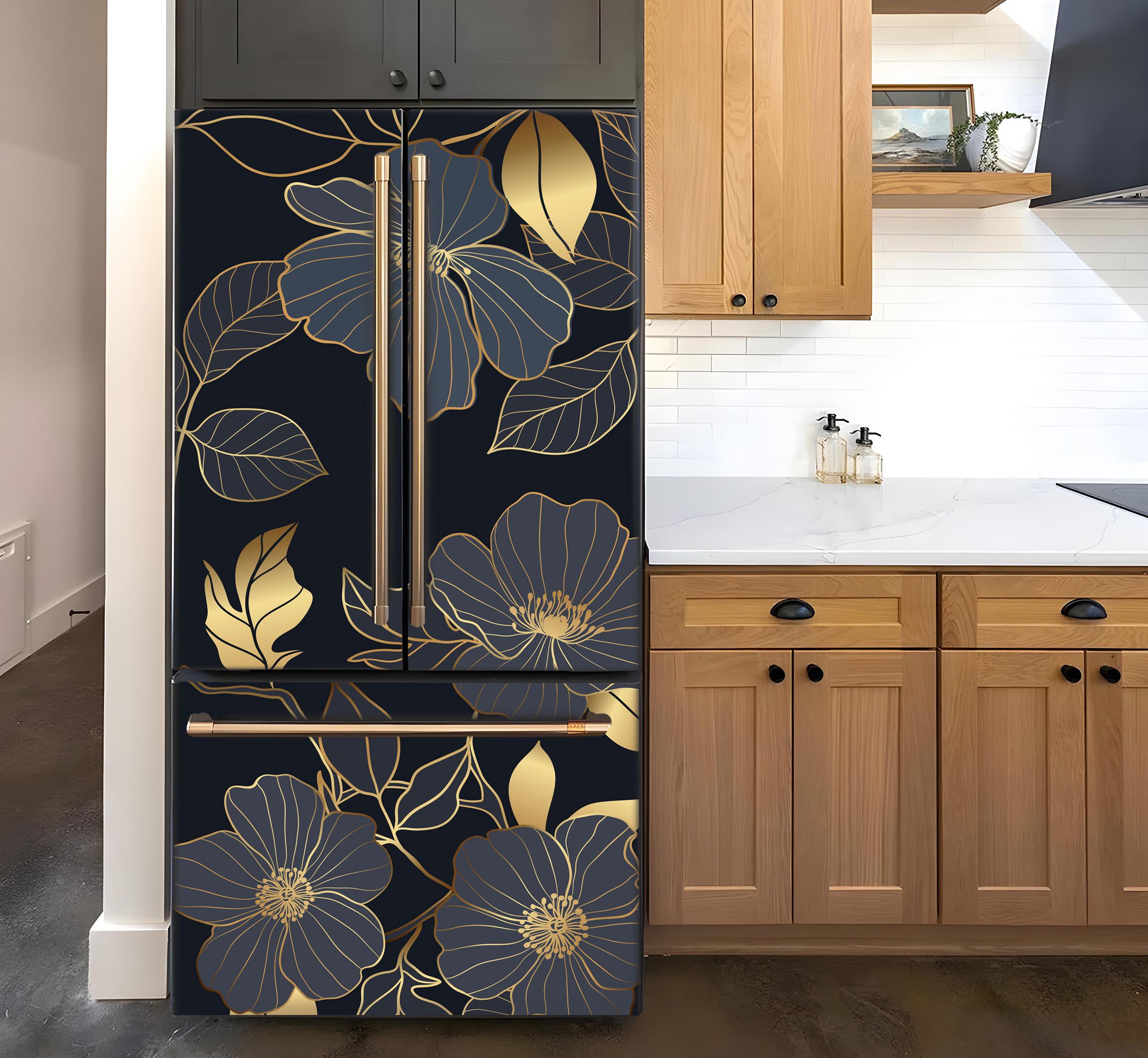 Fridge Wrap Vinyl Black Floral, Refrigerator Wrap Side by Side Gold ...
