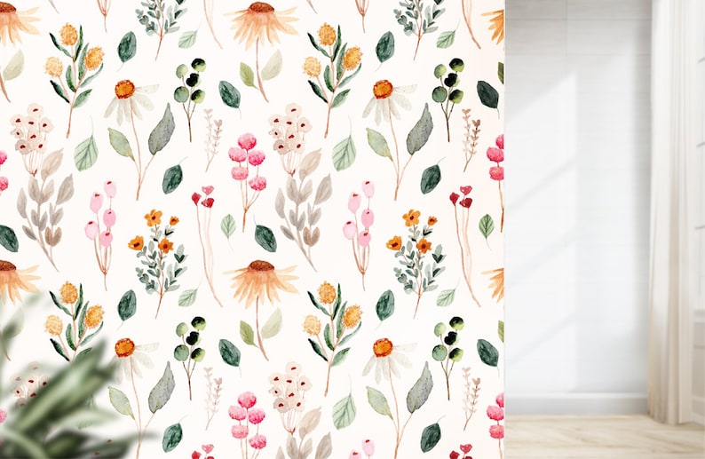 Floral Wallpaper Peel and Stick, Botanical Wallpaper Vintage, Herb Watercolor Flower Wallpaper Self Adhesive Removable, Wildflower Wallpaper