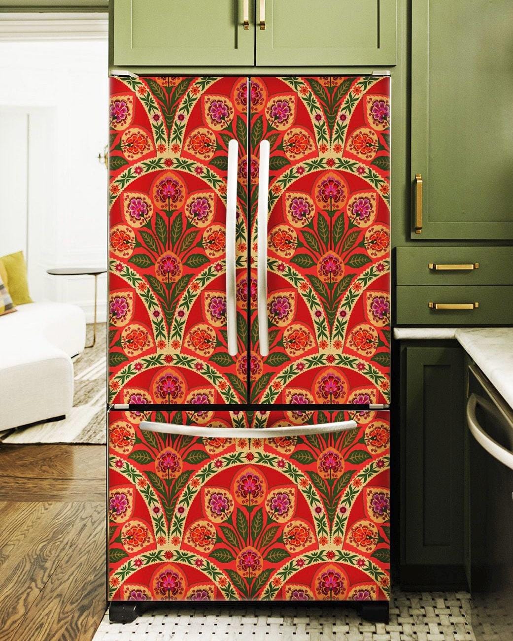 Art Deco Floral Fridge Wrap, Red Refrigerator Wrap Vinyl Side by Side ...