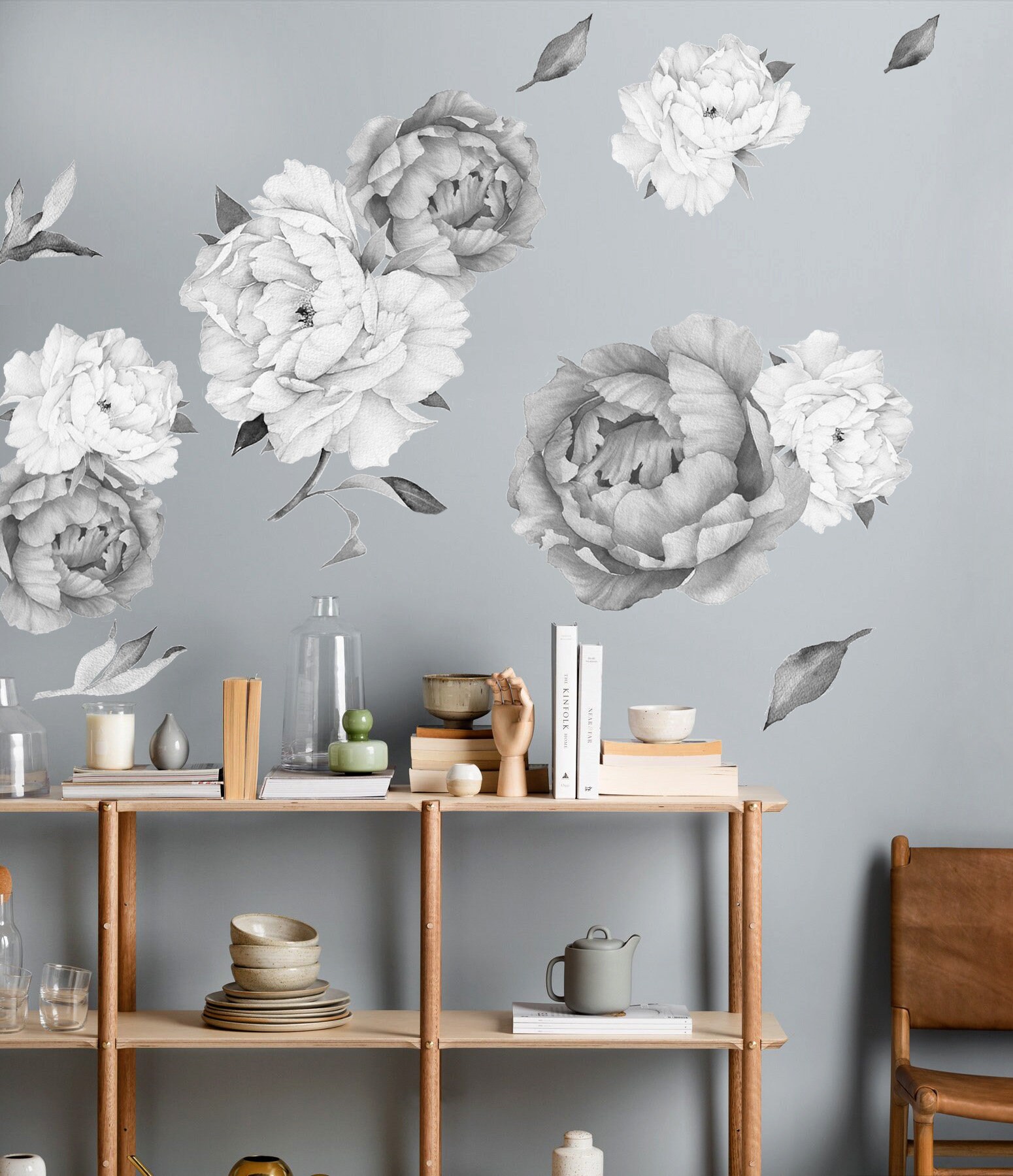 Peony Wall Decal Black and White Large Peonies Wall Decal Etsy