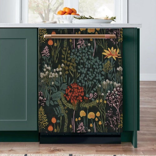 Funda magnética para lavavajillas, diseño vintage floral, botánico, oscuro, para cocina, vinilo magnético, decoración de helecho, autoadhesiva.