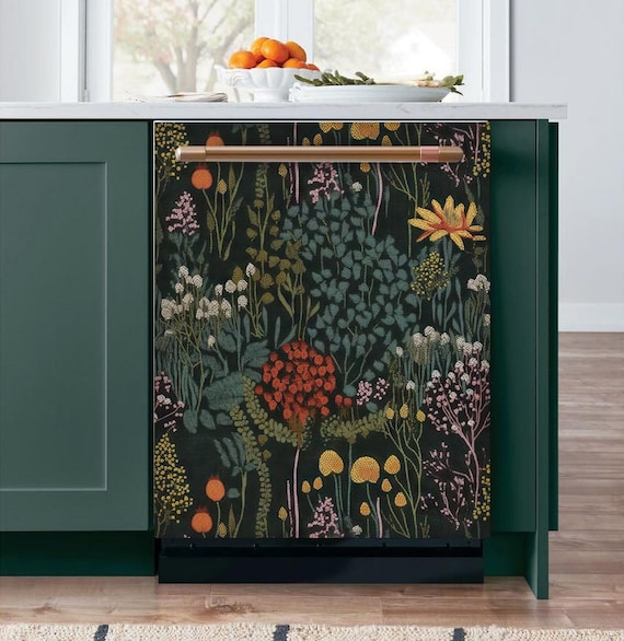 Dishwasher Magnet Cover Vintage Floral Dark Botanical Kitchen Dishwasher Cover Magnetic Decal Vinyl Fern Kitchen Decor Self Adhesive Wrap