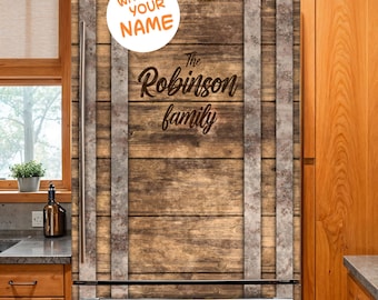 Personalized Wood Barrel Fridge Wrap, Custom Rustic Refrigerator Decal, Farmhouse Kitchen Vinyl Decor