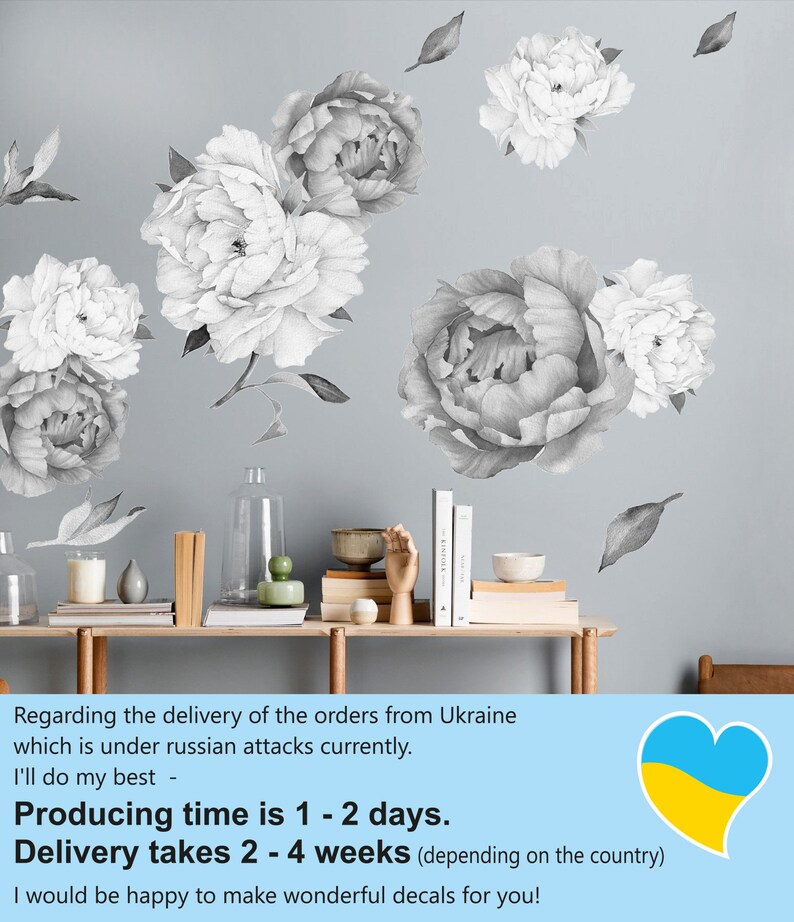 Peony Wall Decals Black and White Floral Wall Decals Etsy