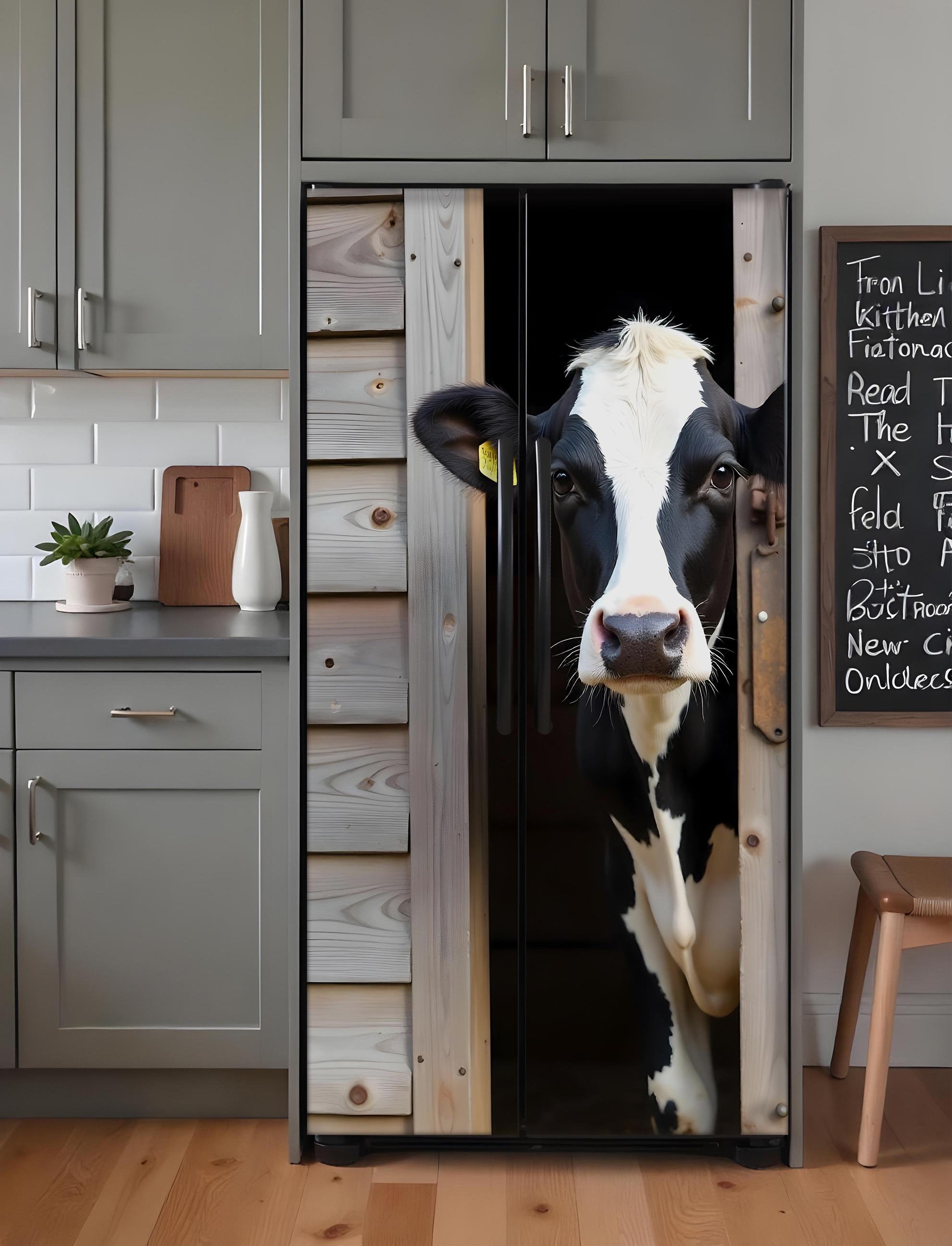 Cow Barn Fridge Wrap, Farmhouse Refrigerator Wrap Vinyl Side by Side, Top Bottom Rustic Wooden Decorative Fridge Decals Self Adhesive Skin