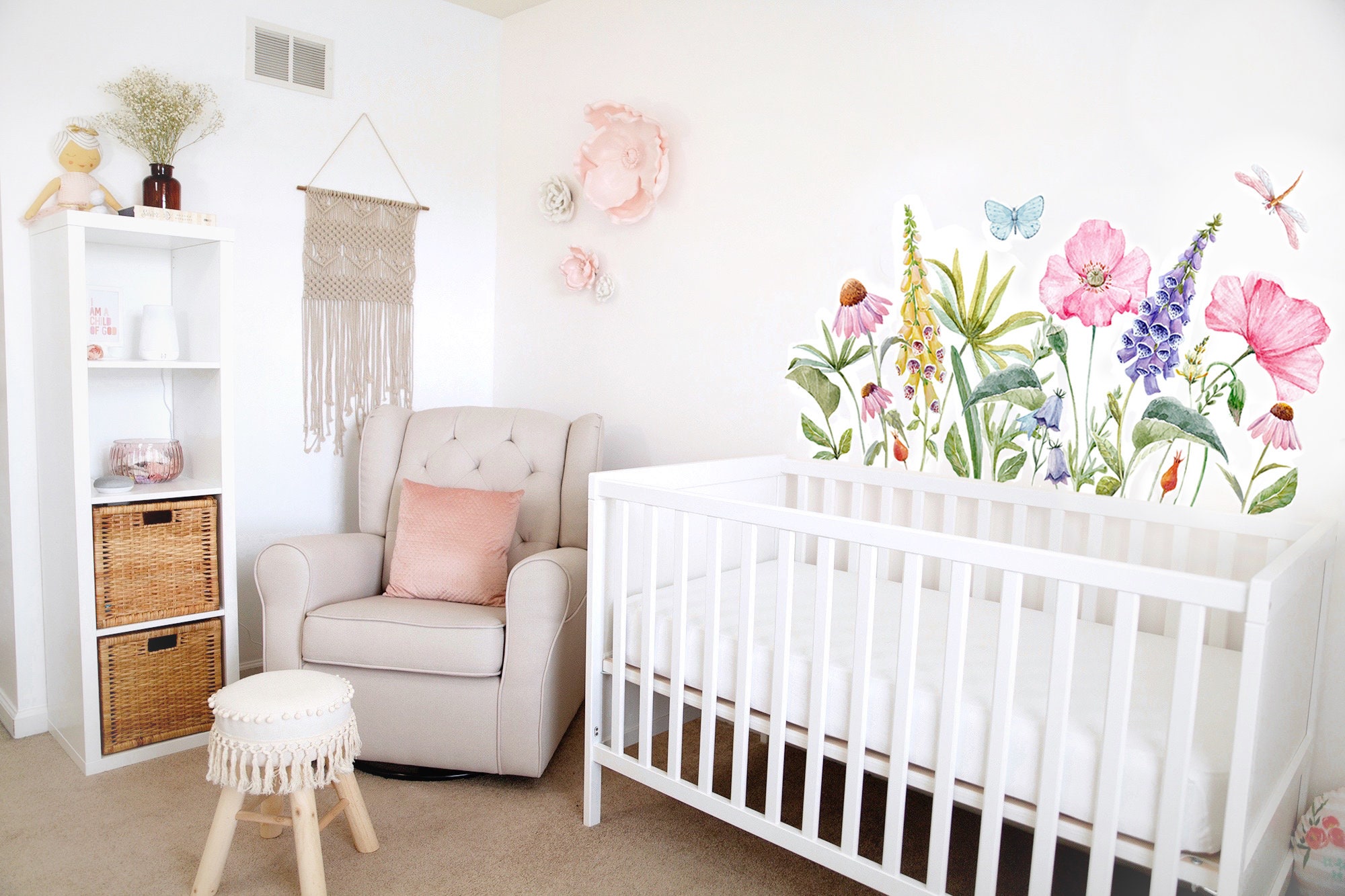 DECOWALL Watercolor Boho Flower Wall Stickers – Wildflower Floral Art For Bedroom, Living Room, Nursery – Pink, Yellow, Green, Removable & Peel-and-Stick