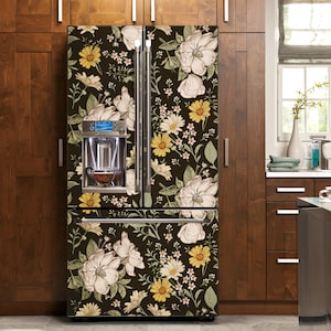 Fridge Wrap Vintage Floral Refrigerator Wrap Vinyl Side by Side Black Retro Decorative Fridge Decals Self Adhesive Flower Kitchen Decor