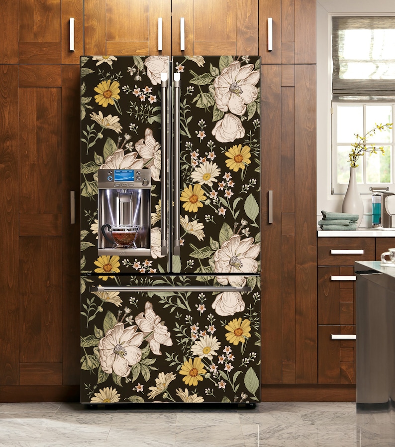 Fridge Wrap Vintage Floral Refrigerator Wrap Vinyl Side by Side Black ...